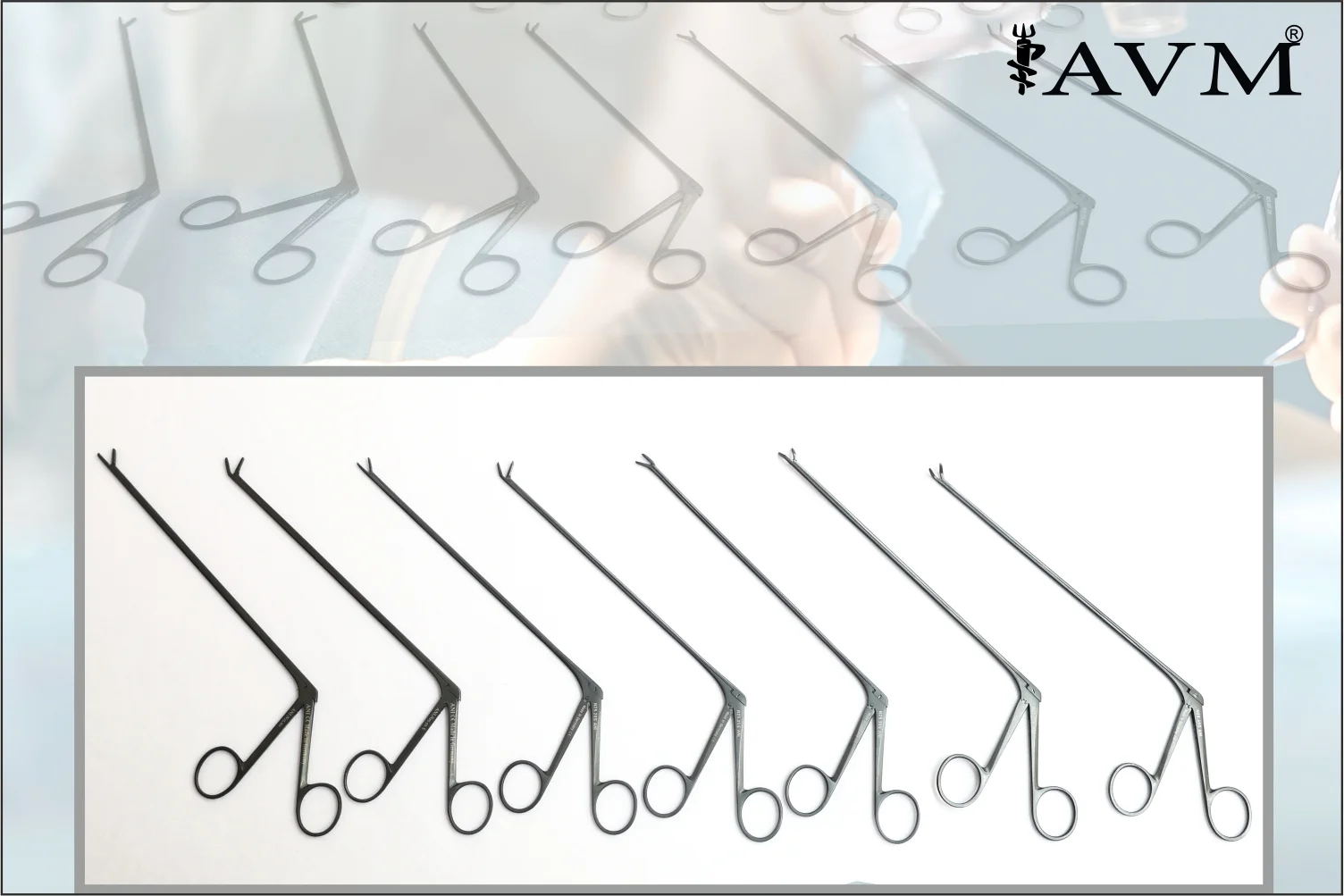 Surgical instruments arranged on a dark display surface